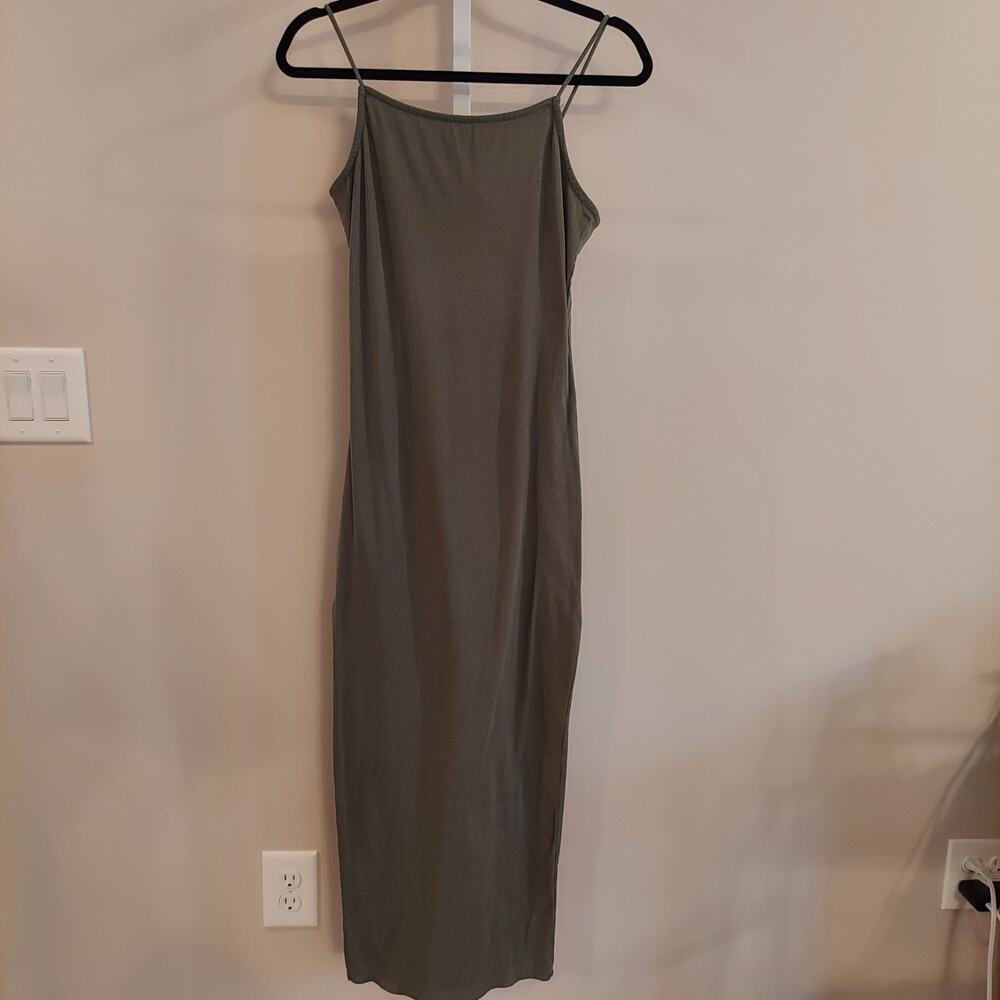 Rue21 Womens‎ Large Olive Green Ribbed Spaghetti Strap Maxi Dress Side Slit